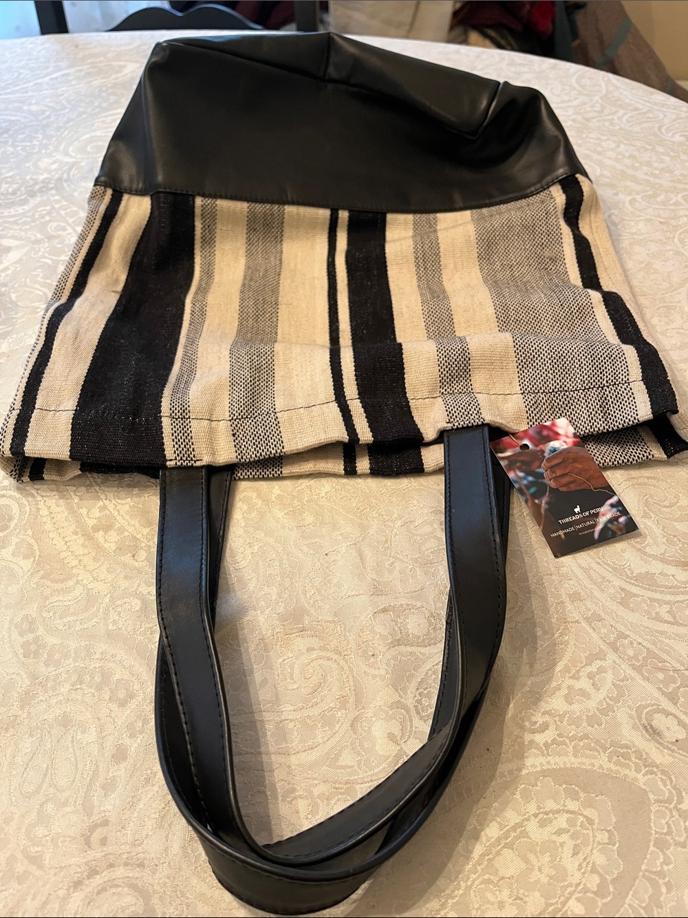 Threads of Peru Wool/Leather Tote Black:Cream Striped Tote with Black Trim NWT
